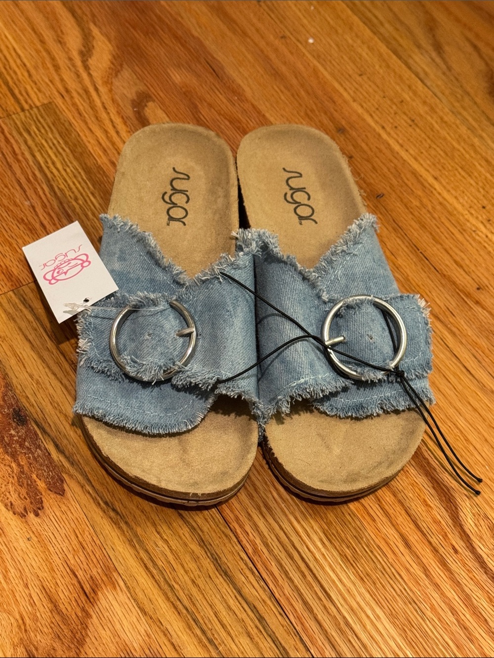 Sugar Frayed Denim Slide Sandals in Light Blue with Silver Rings size 6